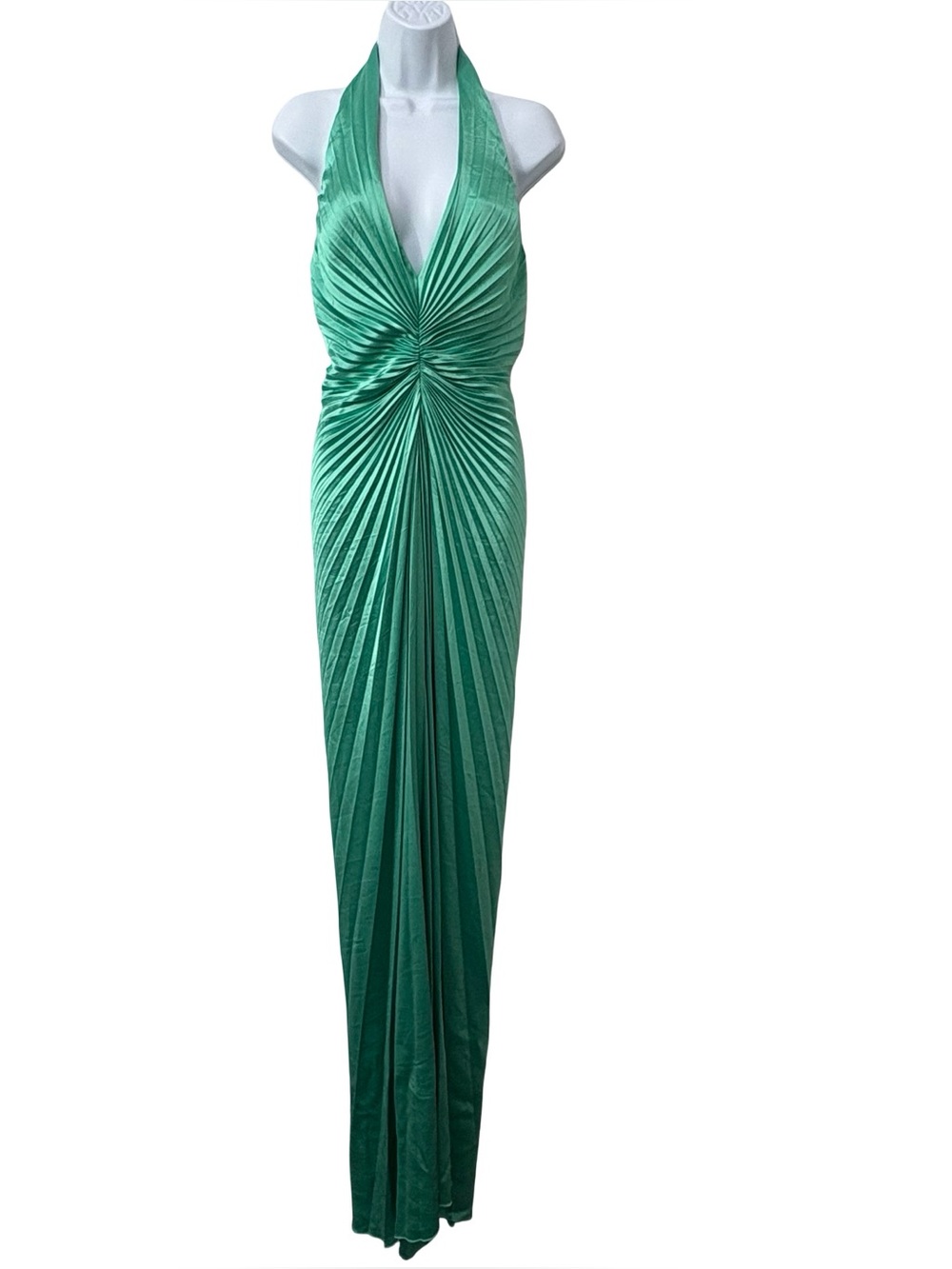 Nicole Bakti Turquoise Plunge Neck Pleated Maxi Front Slit Dress Size 10